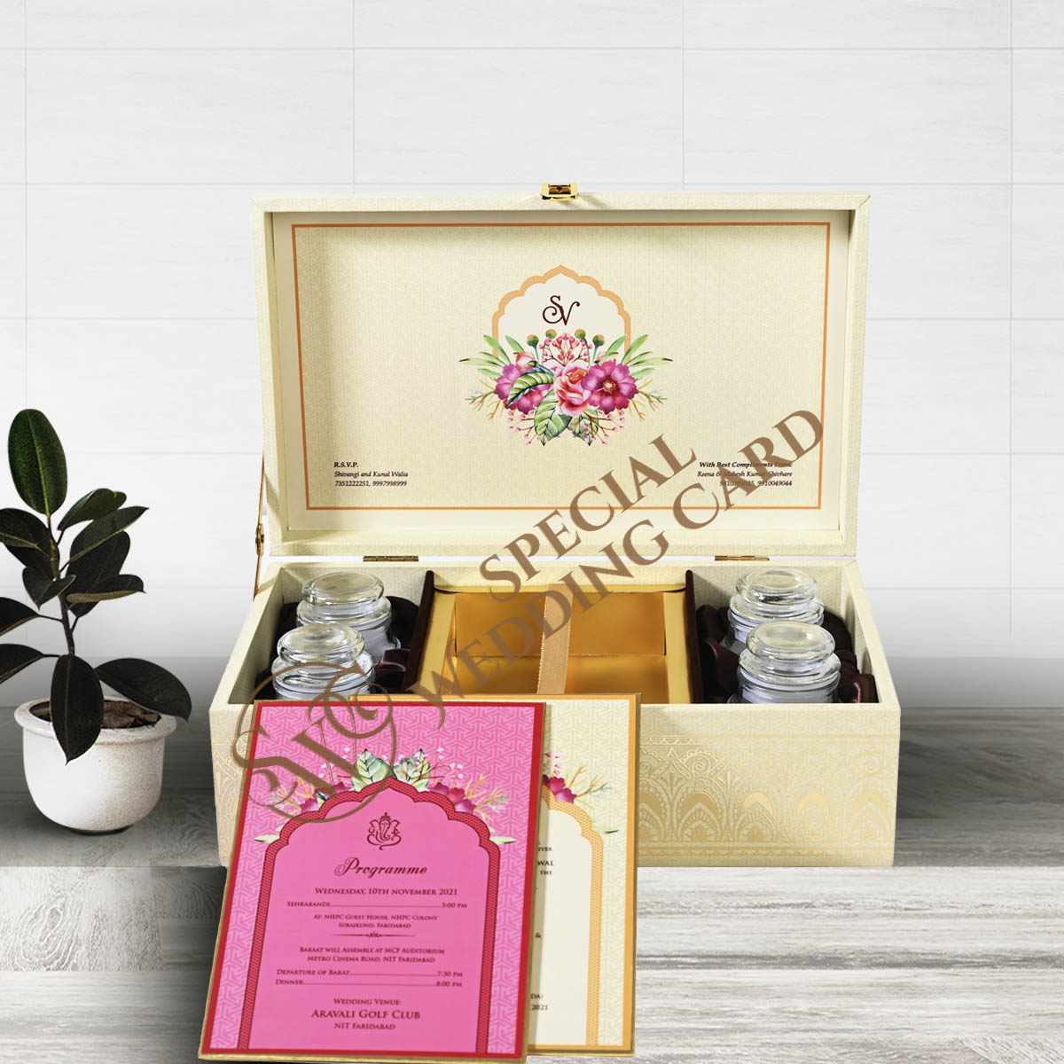 Wedding invitation card boxes with potlis of salted nuts and the prettiest  invites wrapped in butter paper ans sealed with a bunch of gyp... |  Instagram